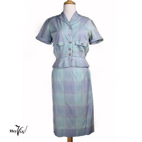 Vintage 40s Peplum Top and Skirt Set WWII Plaid Cotton Metal Zip Size S -Hey Viv - Picture 1 of 9